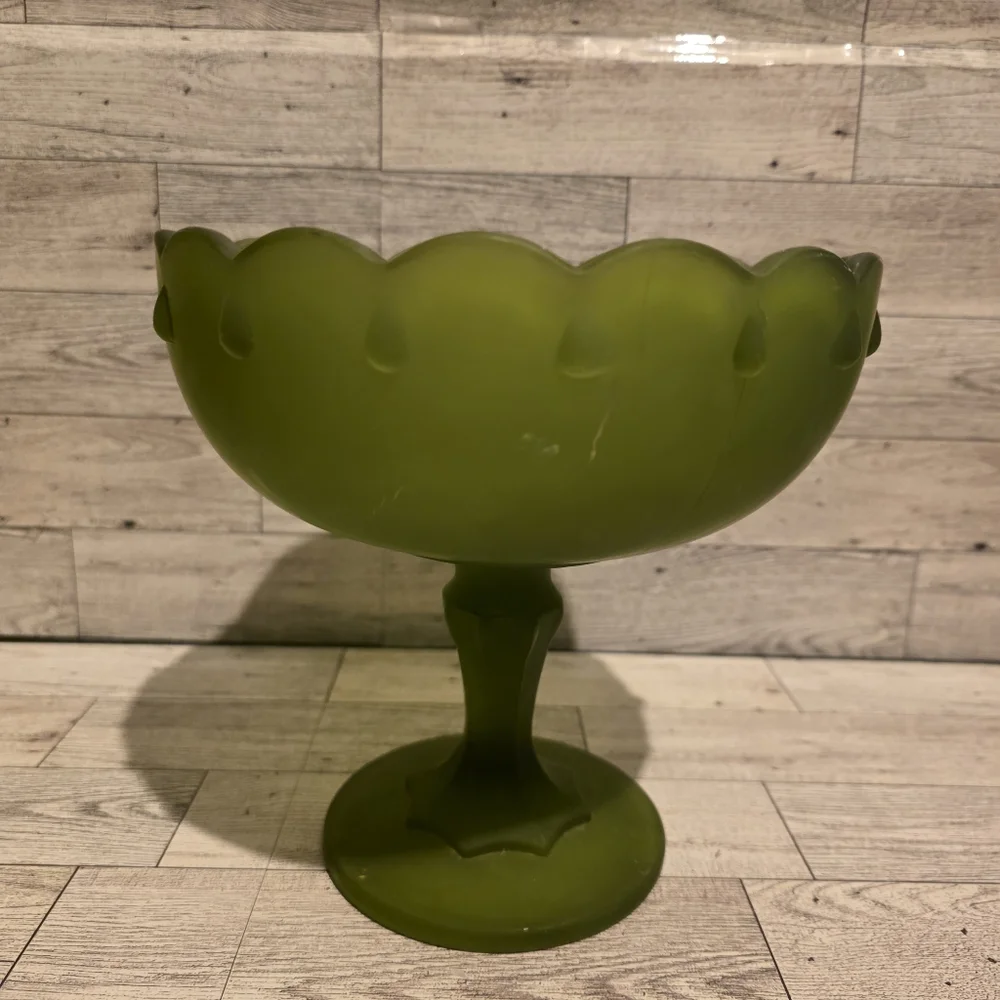 Green Frosted Glass Pedestal Compote - Unbranded